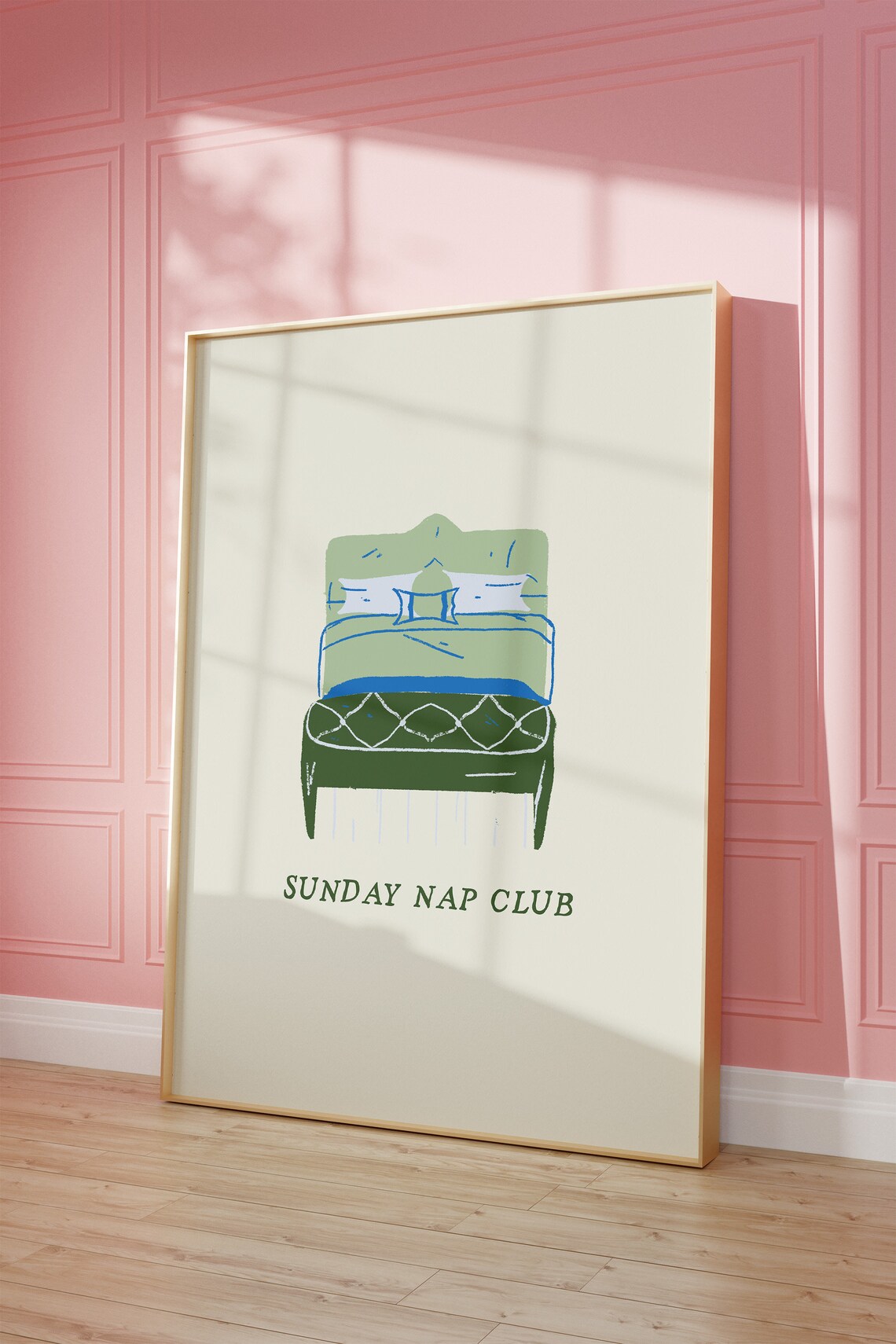 Sunday Nap Club Green Bed Cozy Bedroom Illustration Decor Poster