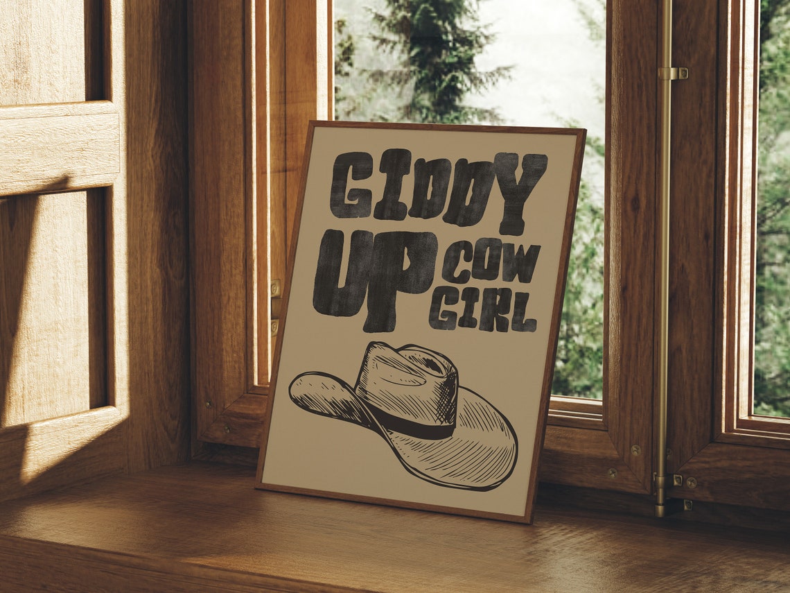 Giddy Up Cowgirl Western Hat Drawing Retro Cowboy Quote Poster - Image 2