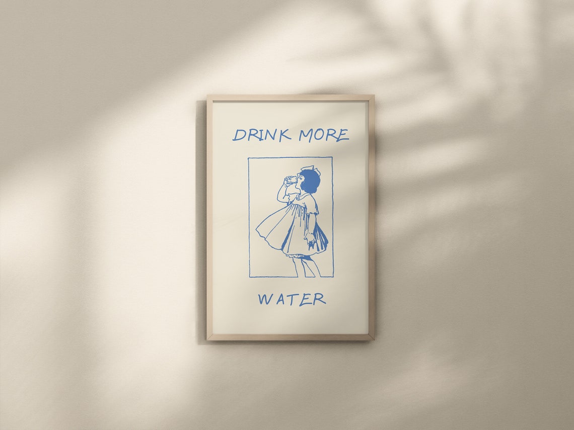 Drink More Water Cute Vintage Girl Blue Kitchen Hydration Poster - Image 3