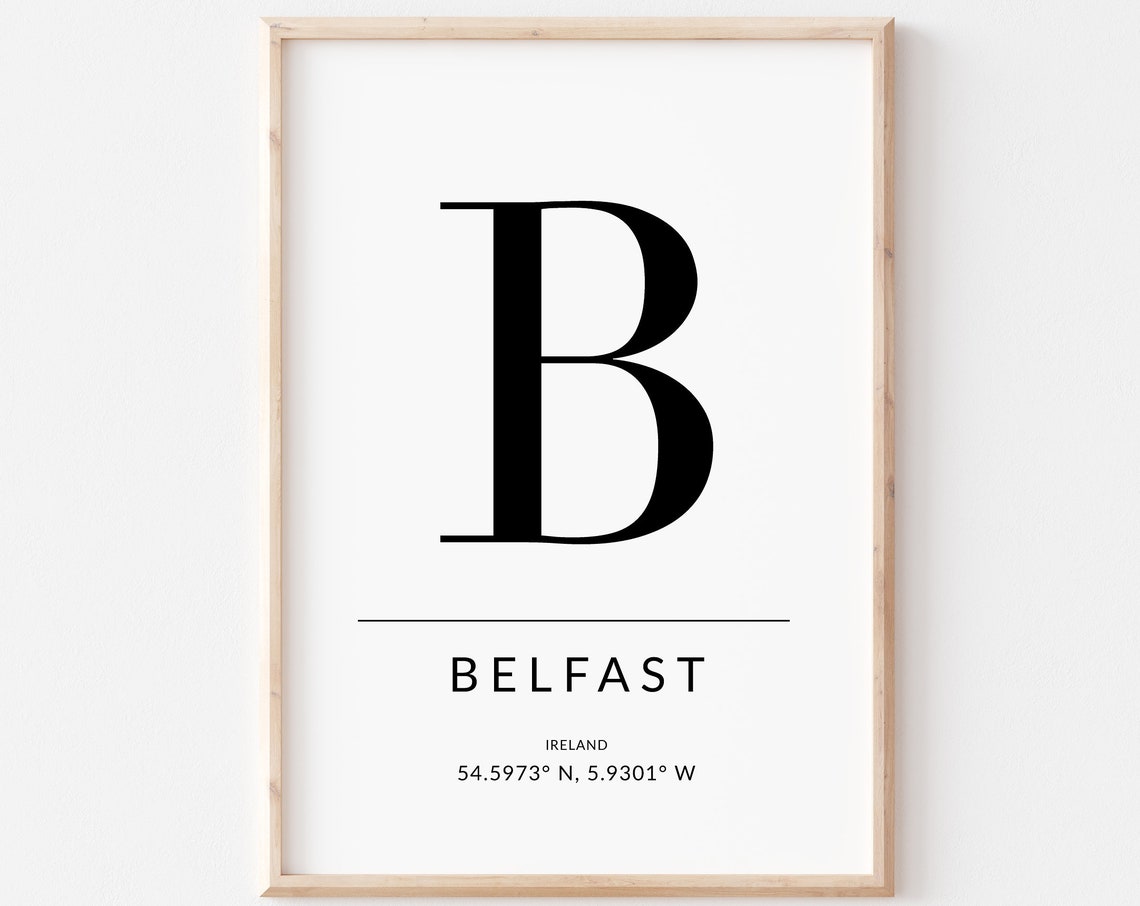 Belfast Ireland Initial Monogram Coordinates Minimalist Poster Art