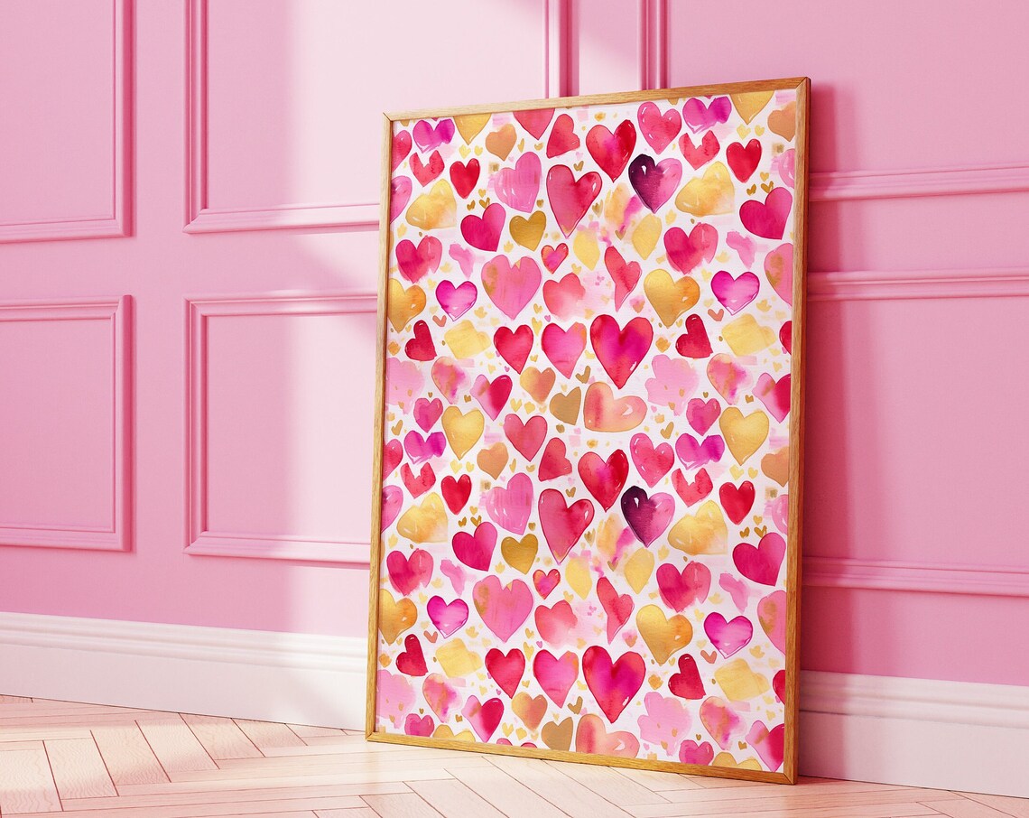 Watercolor Pink Gold Hearts Pattern Romantic Valentine Day Gift Poster