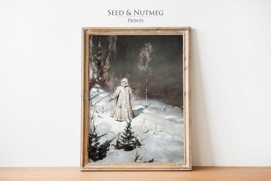 Woman In White Dress In Snowy Night Forest Vintage Painting Poster