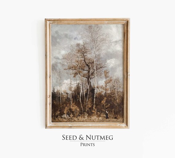 Vintage Tree Painting Wall Art Print Bare Autumn Winter Tree Muted Neutral Moody Wall Decor Painting 95