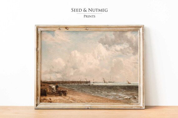 Seaside Beach with Long Pier and Sailboats Vintage Marine Poster