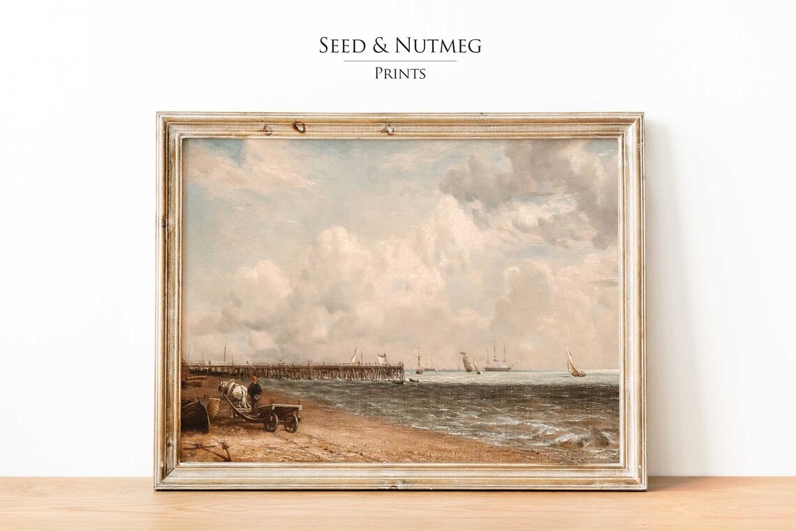 Seaside Beach with Long Pier and Sailboats Vintage Marine Poster