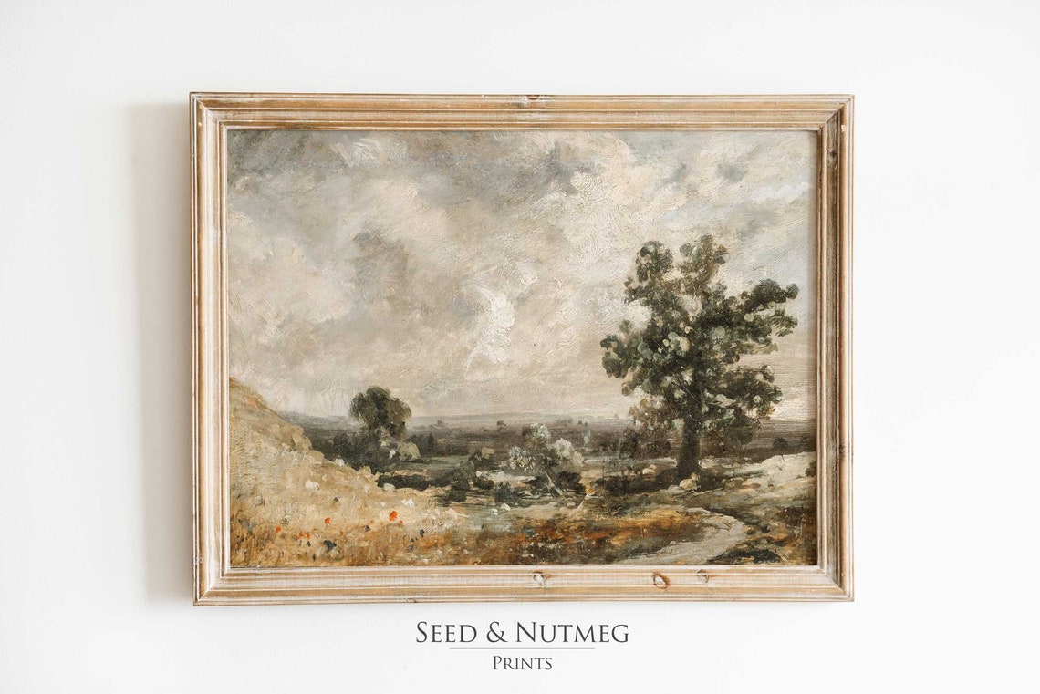 Cloudy Pastoral Field Lone Tree Vintage Muted Oil Painting Poster