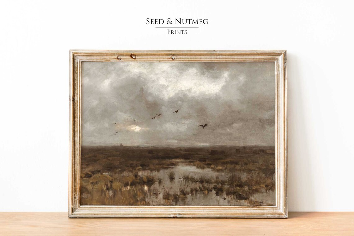 Moody Gray Marsh Birds Flying Vintage Wetland Oil Painting Poster
