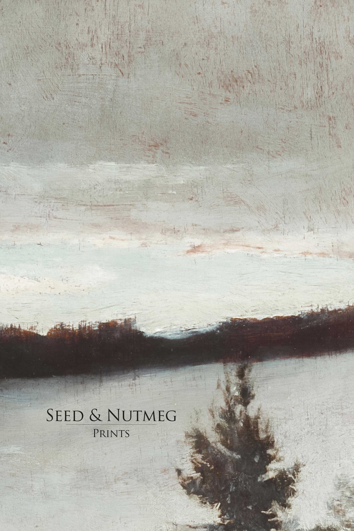 Snowy Field with Pines Under a Grey Sky Minimalist Winter Poster - Image 2