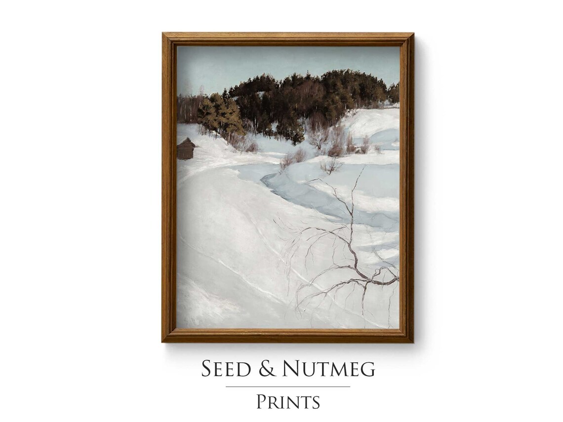 Snowy Forest Slope Cabin Winter Woodland Landscape Art Print