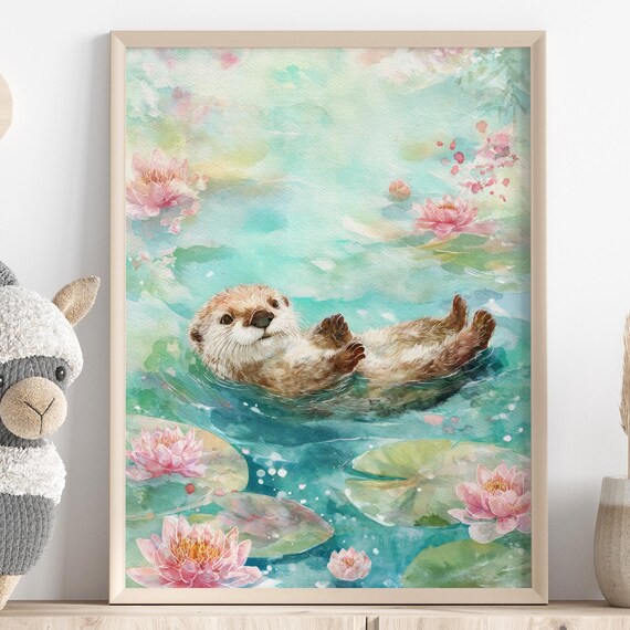 Watercolor Otter Nursery Poster, Baby Room Decor