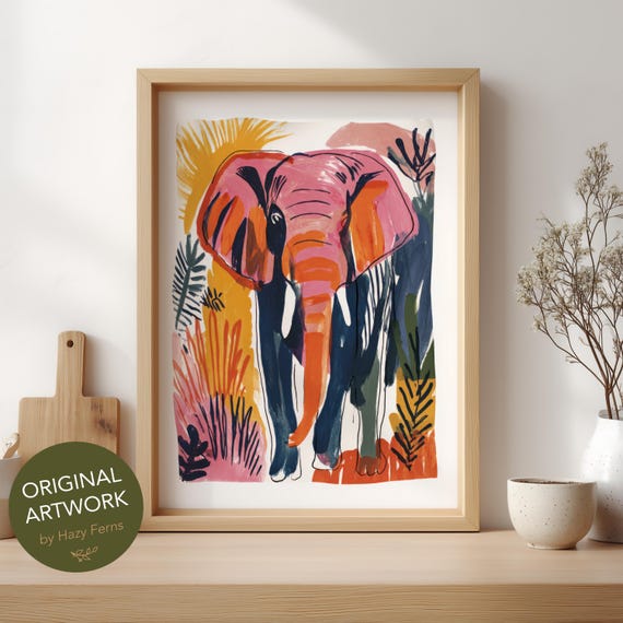 Majestic Elephant Poster Print, Colorful Gouache Style