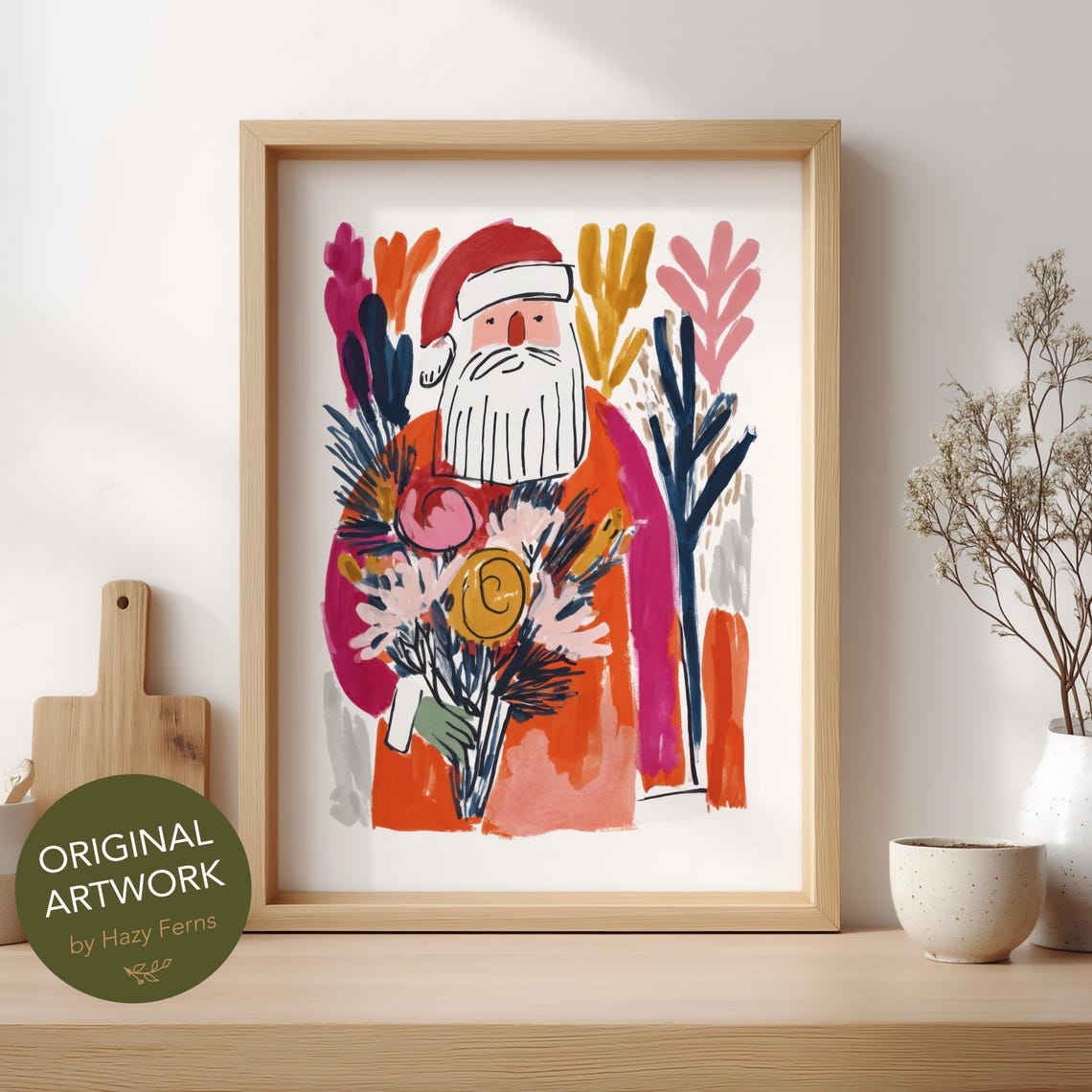 Festive Santa Claus Holding Bouquet Colorful Gouache Christmas Poster