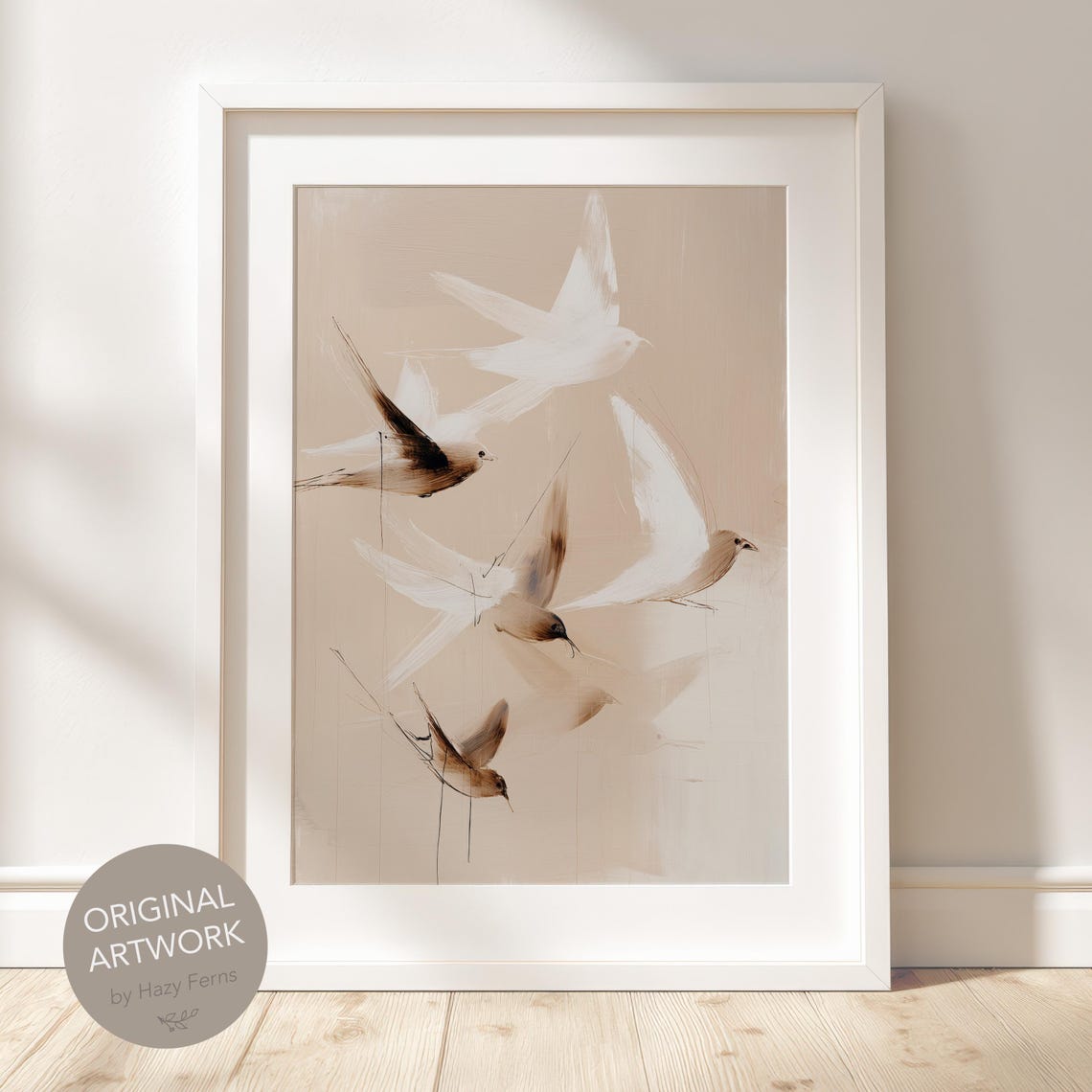 Abstract Flying Birds Beige Minimalist Neutral Brushstroke Poster