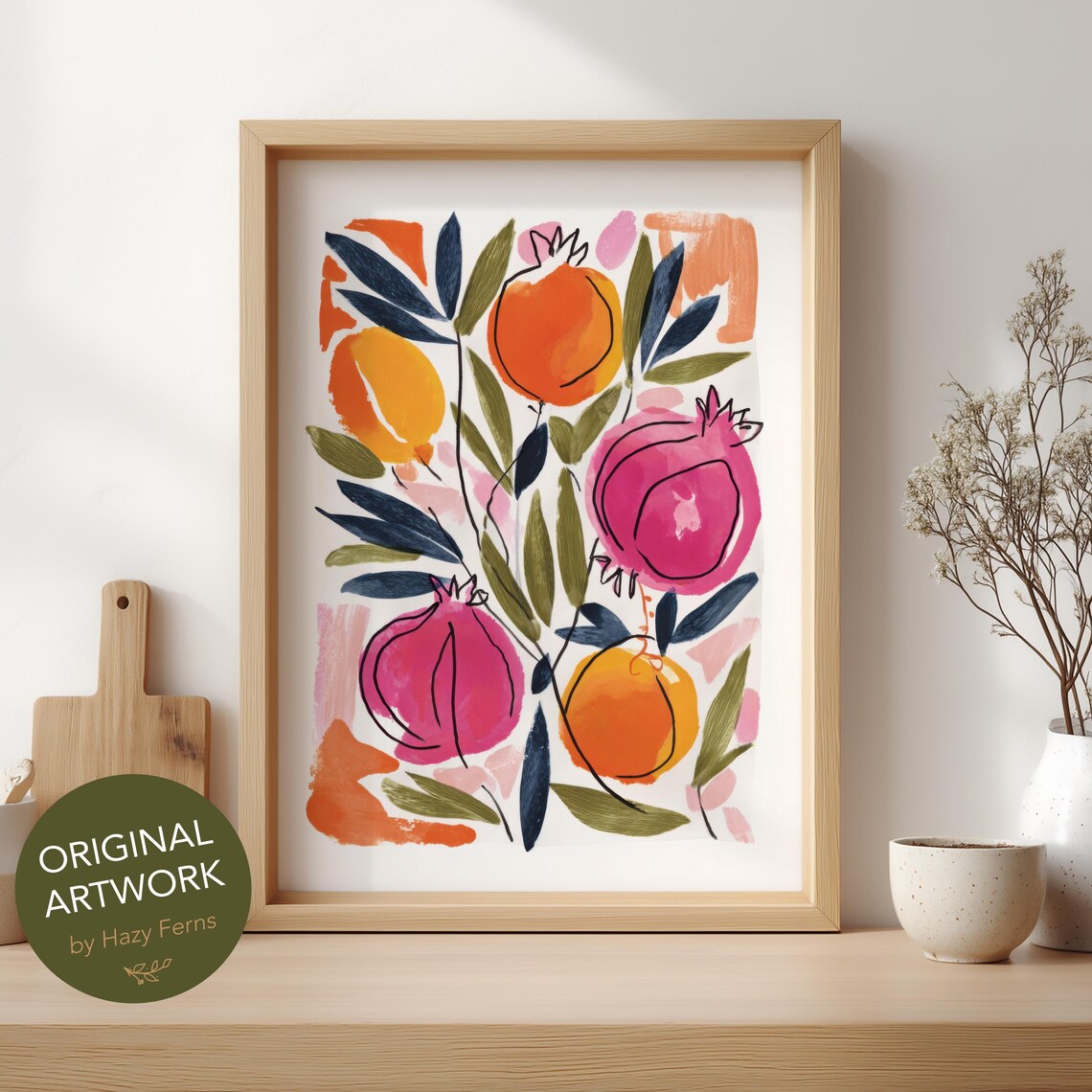 Abstract Pomegranates Branch Botanical Print Colorful Gouache Style Vibrant Fruit Wall Poster 5750