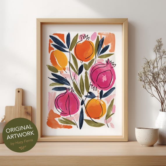 Abstract Pomegranates Branch Botanical Print Colorful Gouache Style Vibrant Fruit Wall Poster 5750