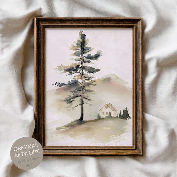 Misty Pine Watercolor Print Neutral Mountain Landscape