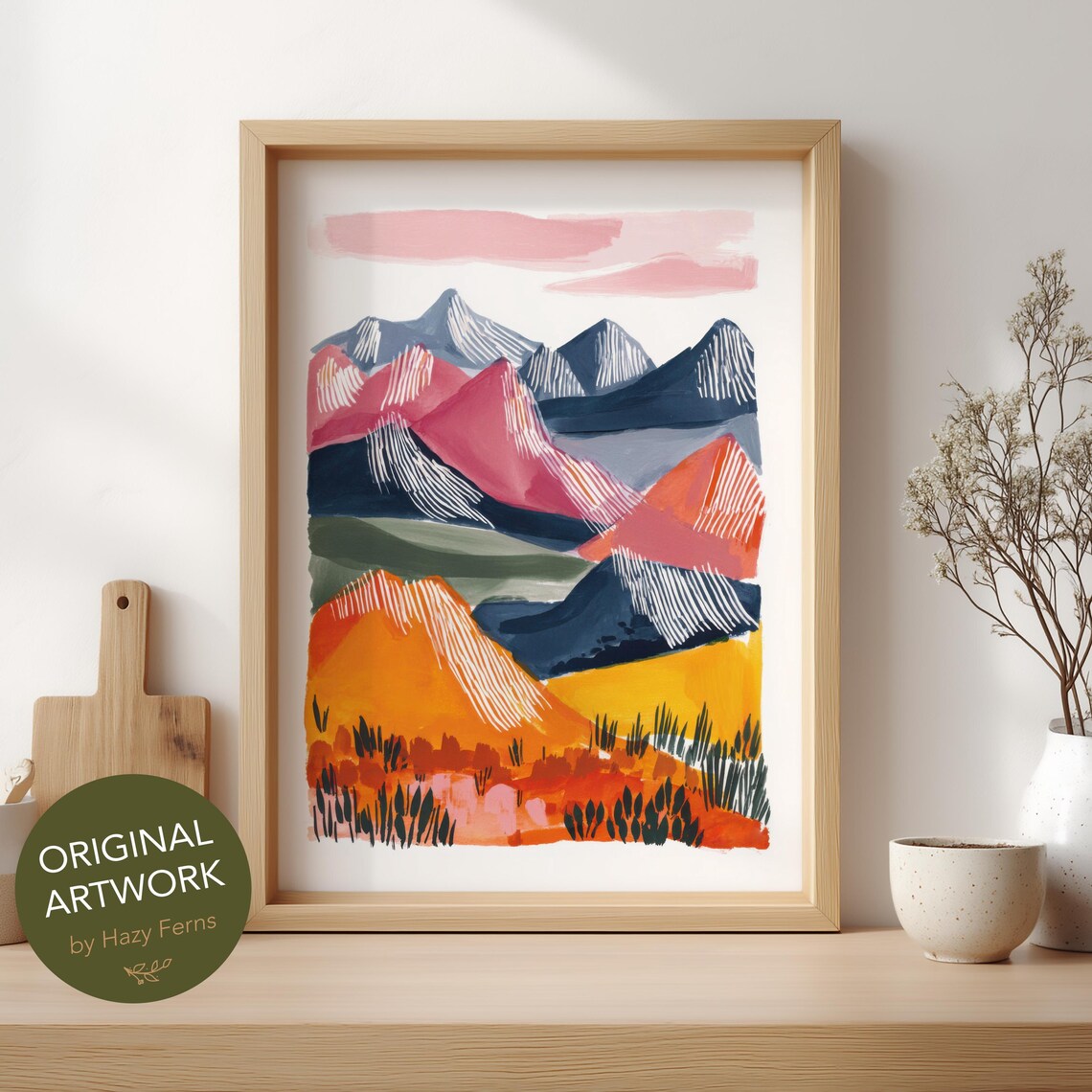 Majestic Colorful Mountain Peaks Abstract Gouache Landscape Scenic Poster