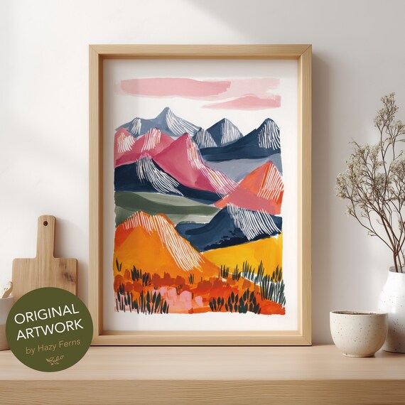 Majestic Colorful Mountain Peaks Abstract Gouache Landscape Scenic Poster
