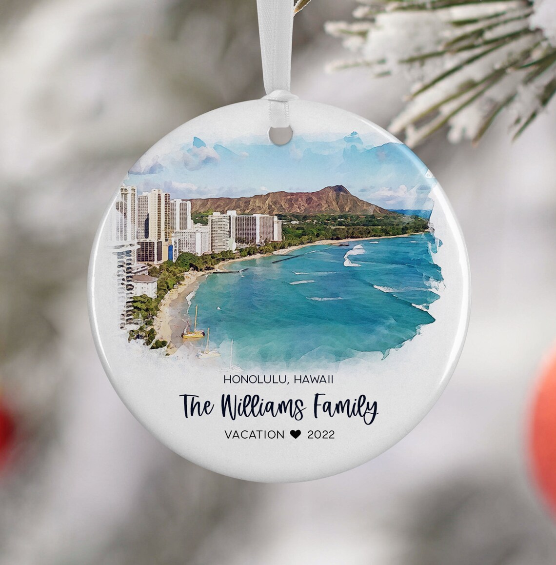 Honolulu Hawaii Christmas Ornament Travel Poster