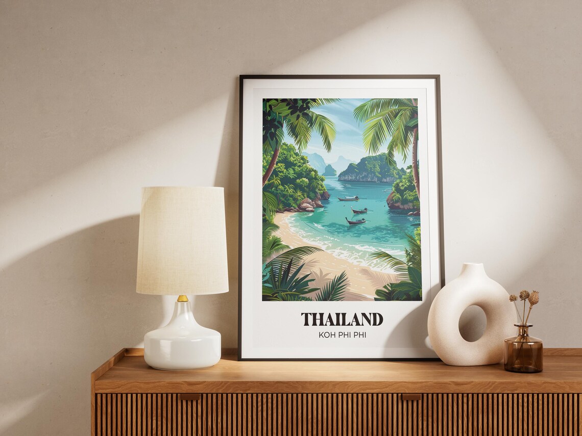 Thailand Koh Phi Phi Tropical Bay Longtail Boats Retro Travel Poster - Image 4