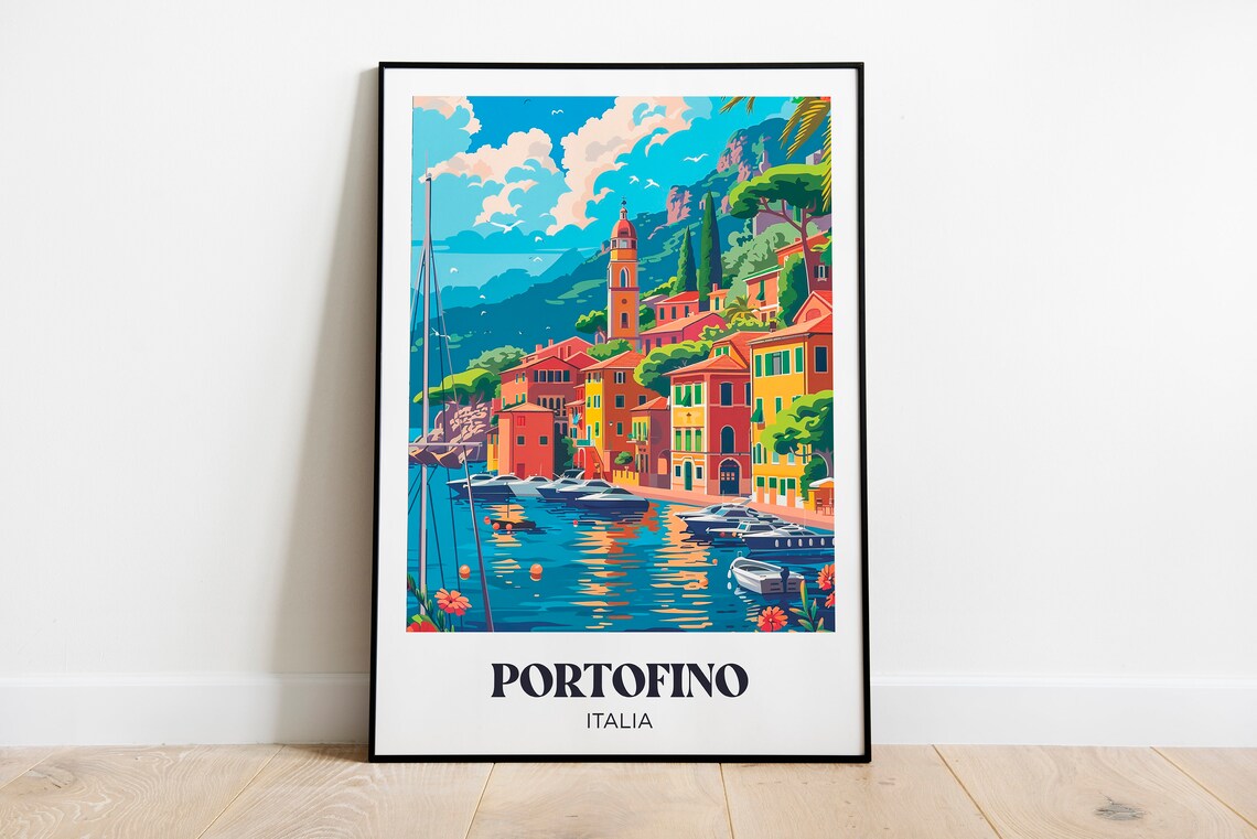 Portofino Italia Colorful Harbor Boats Cliff Village Travel Poster