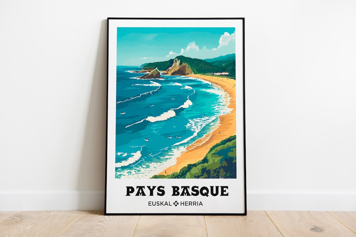 Basque Country Surfing Travel Poster, Beach Illustration