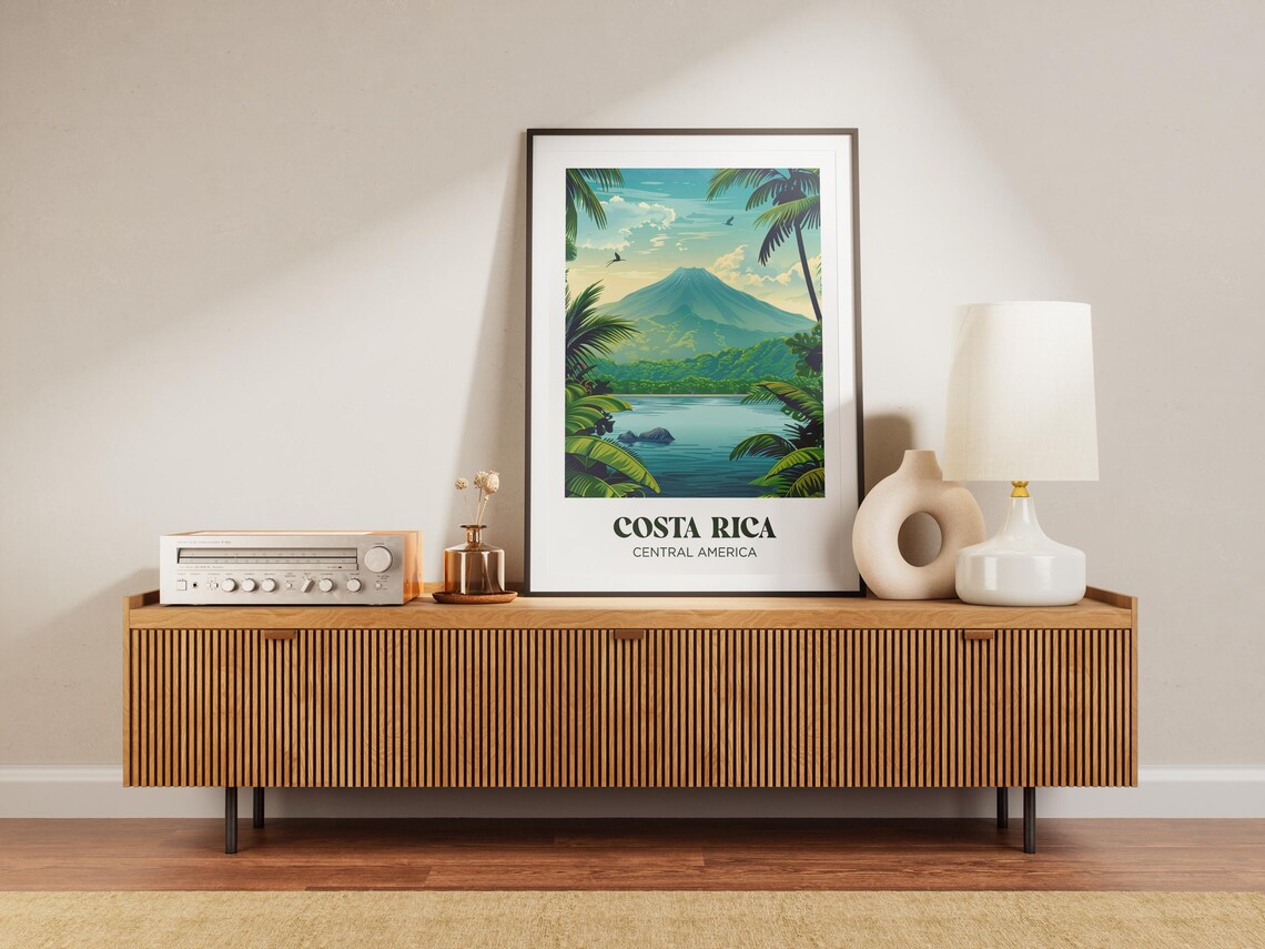Costa Rica Central America Volcano Lake Palm Trees Travel Poster - Image 2