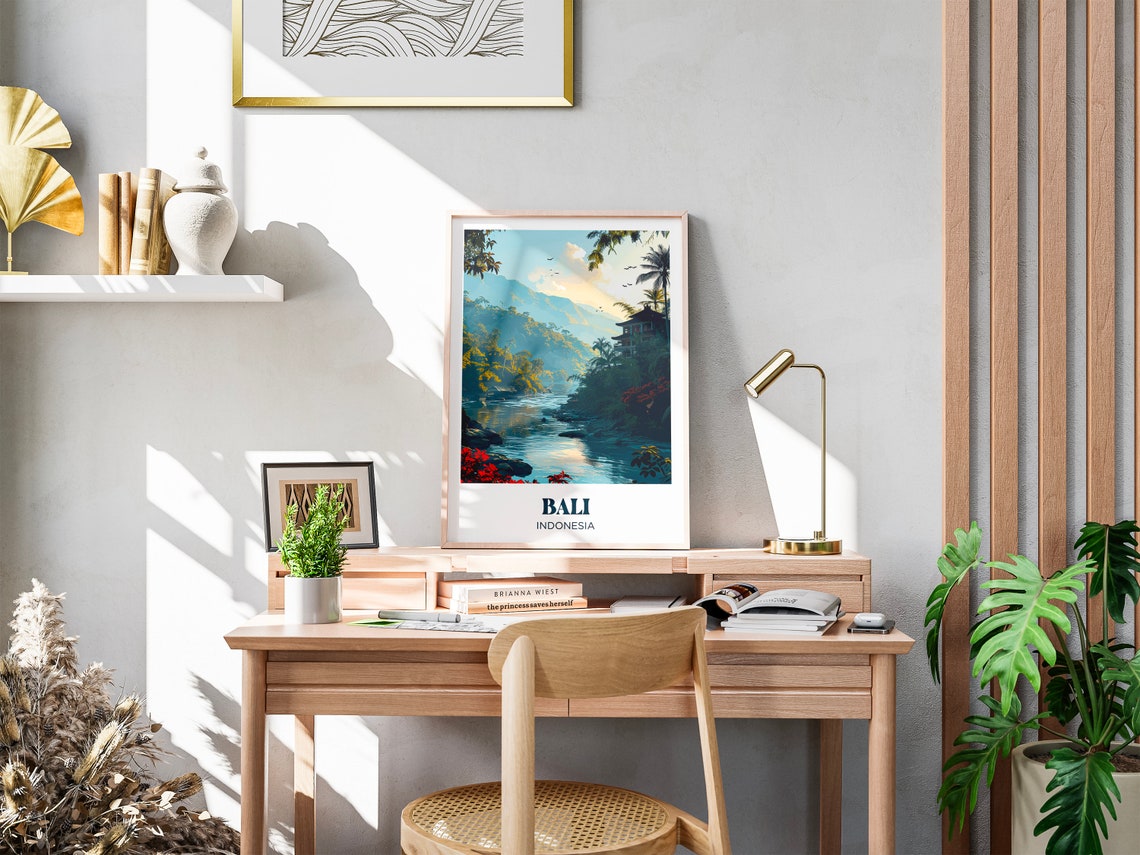Bali Indonesia Jungle River Temple Volcano View Travel Poster - Image 2
