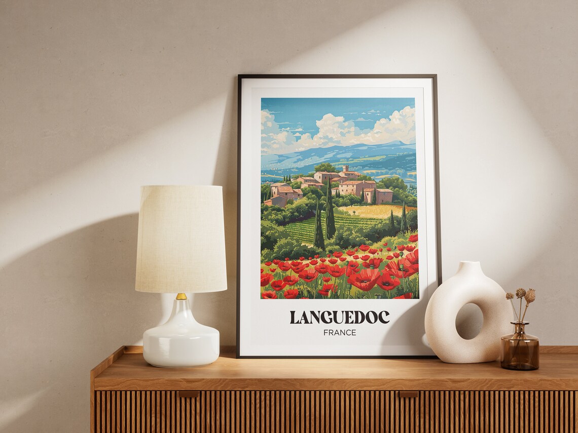 Languedoc France Red Poppy Fields Hilltop Village Travel Poster - Image 3