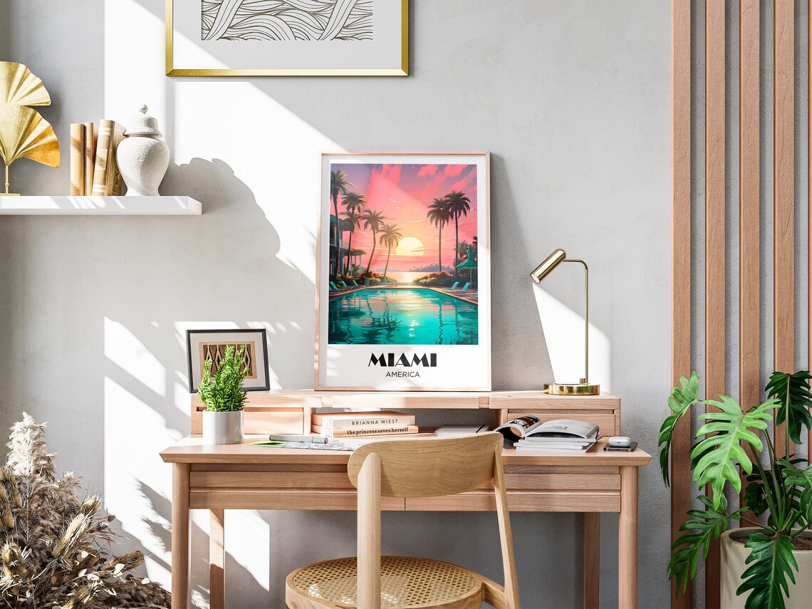 Miami Florida 80s Neon Sunset Pool Palm Retro Art Deco Travel Poster - Image 3