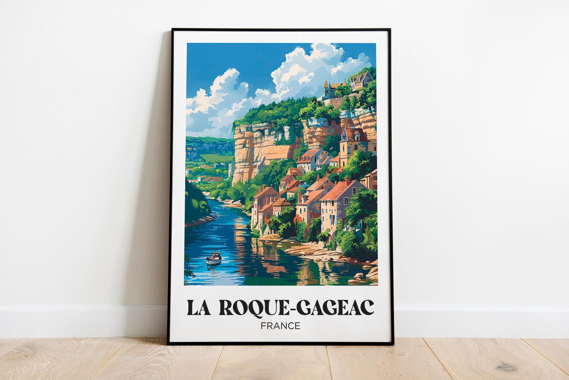 La Roque Gageac Travel Poster La Roque Gageac Print France Illustrated Painting France Watercolor Decor La Roque Gageac Gift