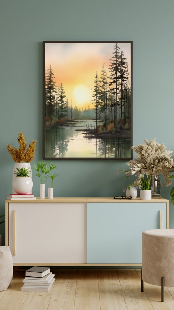 Pine Forest Ink Painting Twilight Lake Reflection Art Print