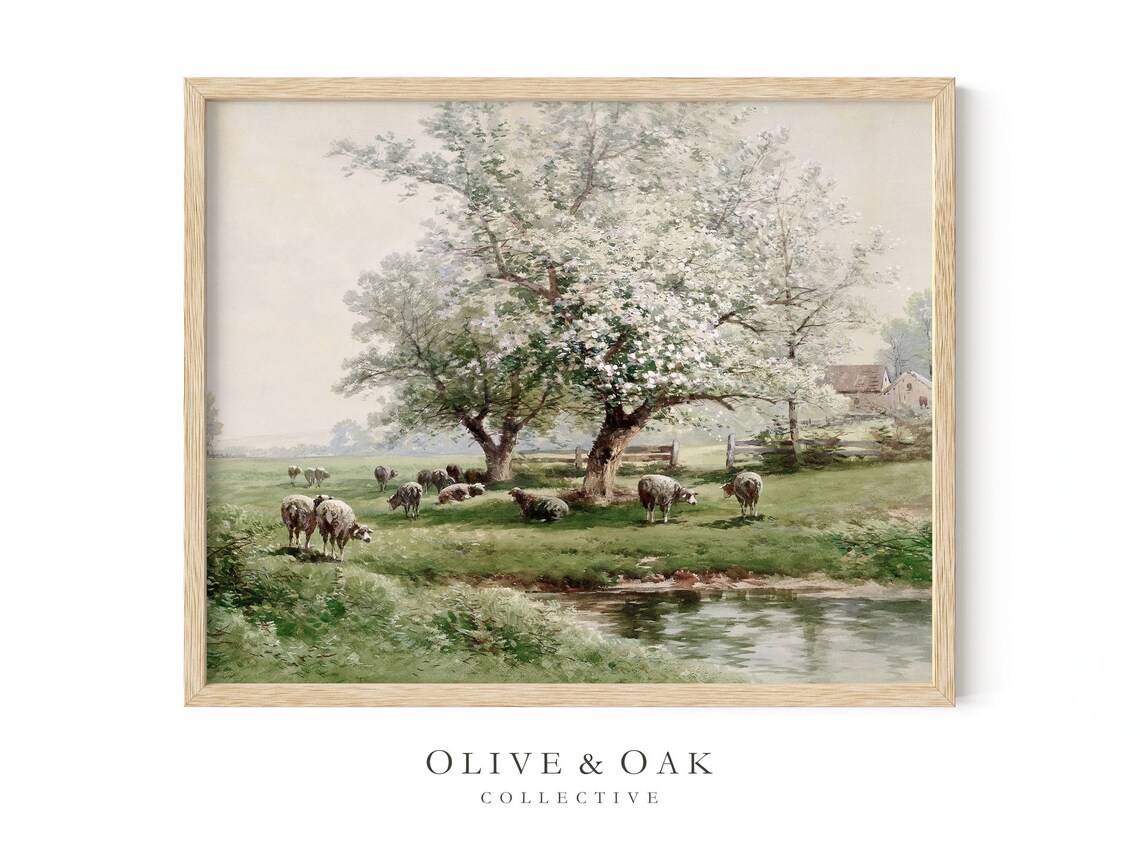 Spring Landscape With Sheep Pasture, Blossom Tree - Image 4