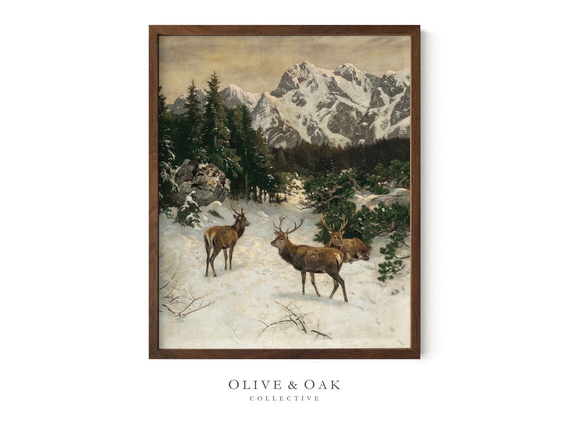 Three Stags in Snowy Mountains Vintage Winter Deer Oil Painting Poster - Image 2