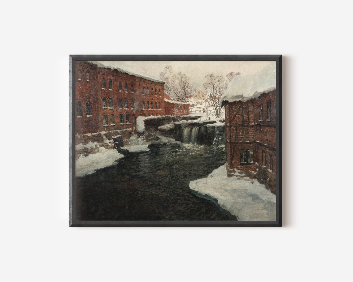 Vintage Winter Landscape, Snowy Cityscape Painting - Image 2