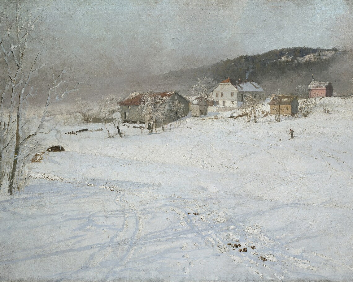 Snowy Village Painting, Winter Countryside Art - Image 3