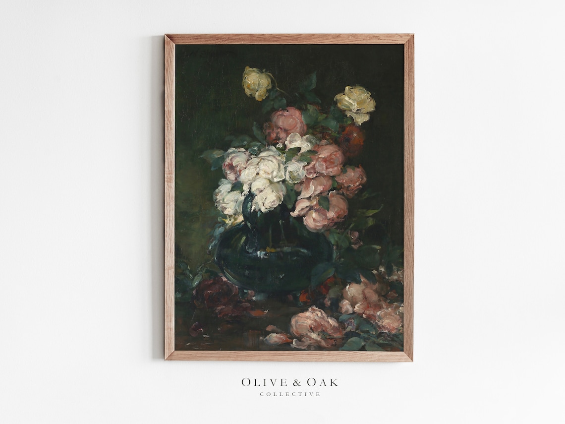 Moody Flower Still Life, Vintage Roses Art Print