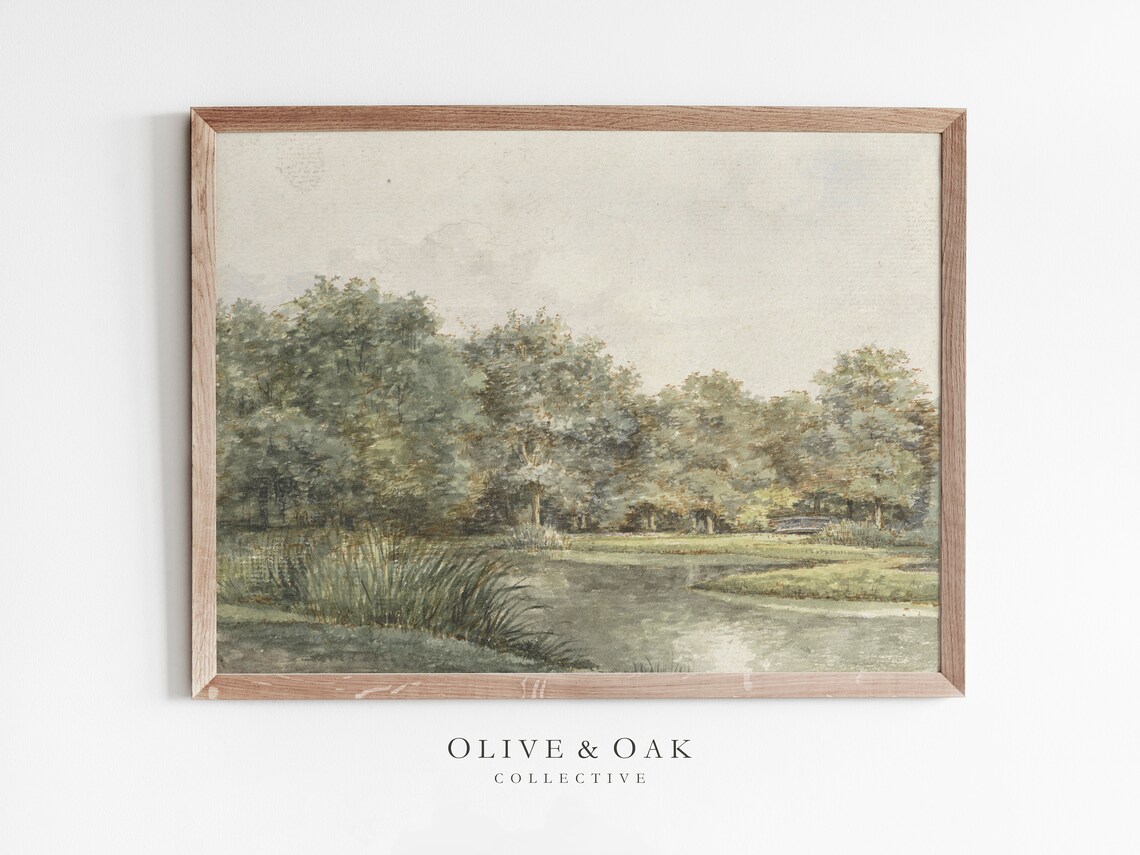 Antique Landscape Painting Vintage Cottage Decor Print