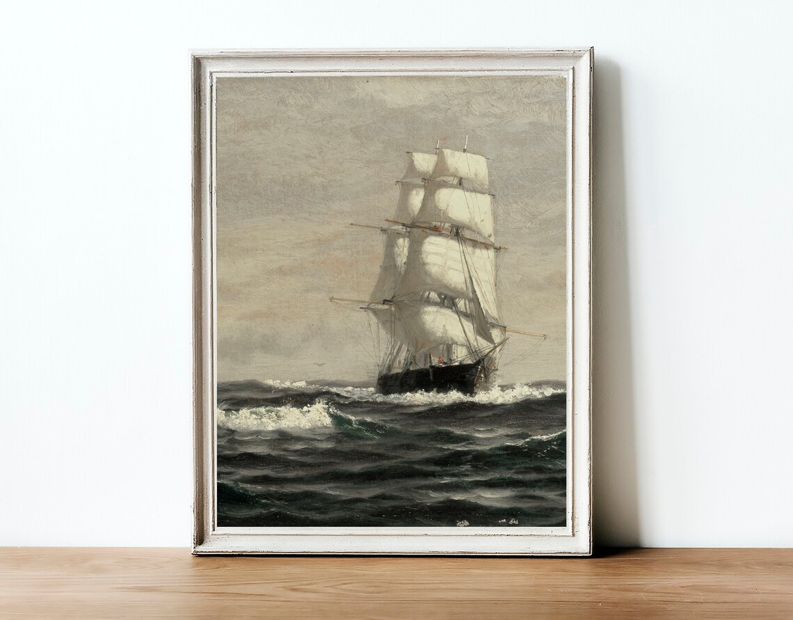Moody Seascape Vintage Ship Art Print, Coastal Nautical - Image 3
