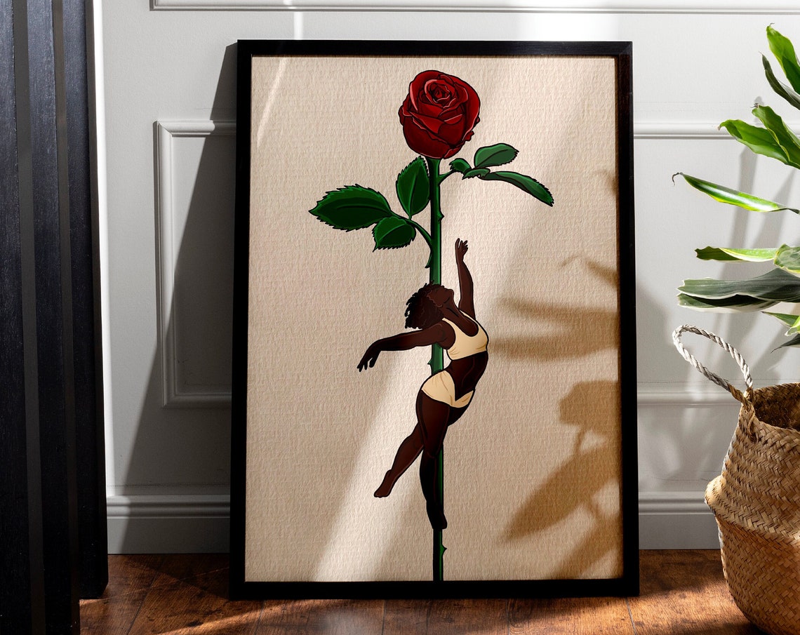 Black Pole Dancer Red Rose Stem Minimalist Floral Illustration Poster