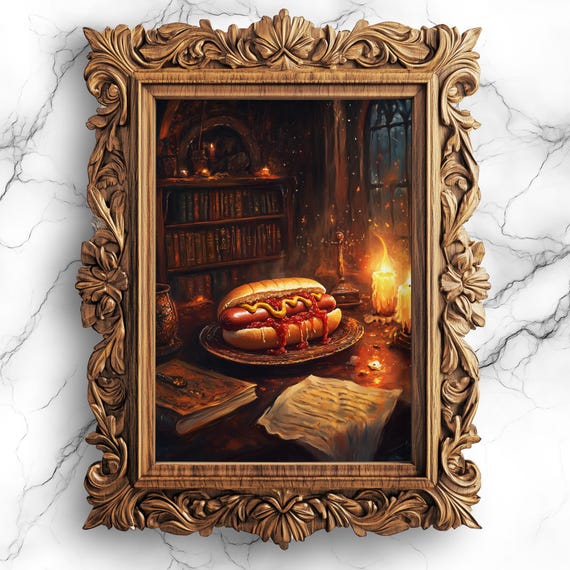 Whimsigoth Hotdog Art Enchanted Warlock Study Scene Gothic Fantasy Kitchen Decor Unique Fod31