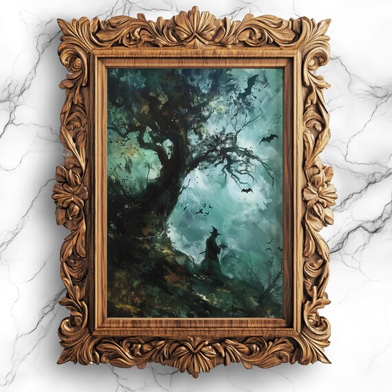 Witchy Herbal Gathering Gnarled Tree Oil Painting Magical Wall Art Home Decor Wit6