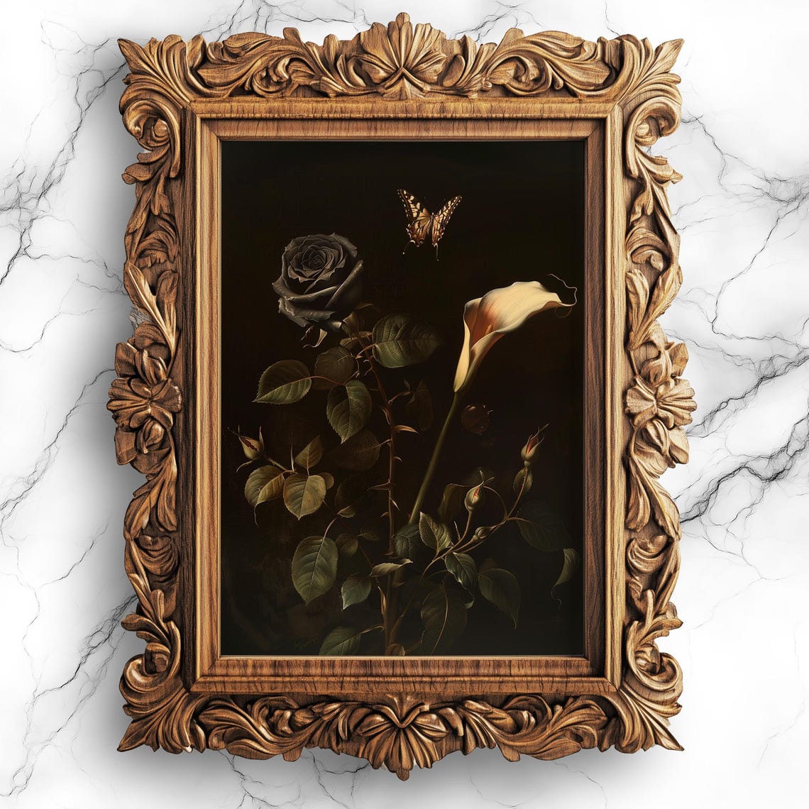 Gothic Black Rose Oil Painting Butterfly Dark Floral Wall Poster