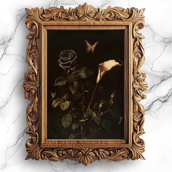 Gothic Black Rose Oil Painting Butterfly Dark Floral Wall Poster