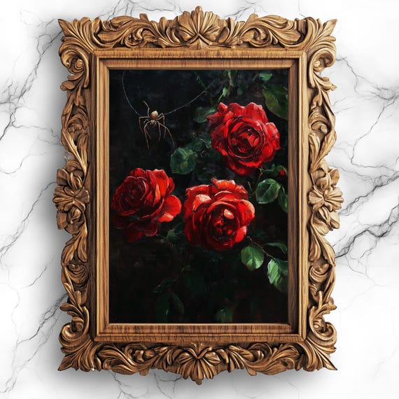 Creepy Red Roses And Spider Art Gothic Floral Wall Decor Dark Botanical Natureinspired Poster Flw20