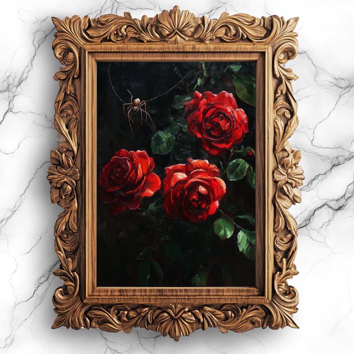 Deep Red Roses with Spider Dark Gothic Floral Oil Painting Poster