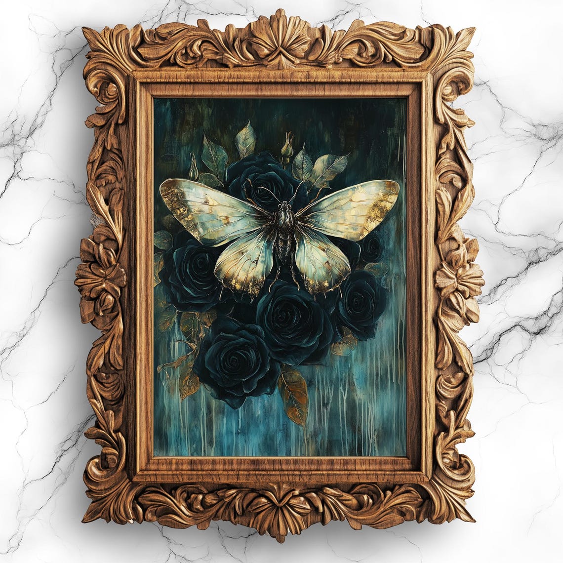Moody Black Roses With Pale Luna Moth Dark Gothic Oil Art Poster