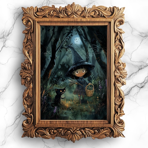 Cute Little Witch Gathering Herbs Moonlit Forest Fantasy Poster