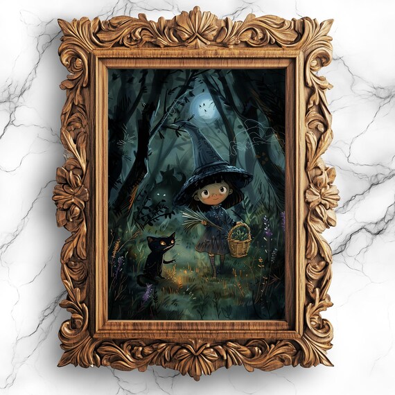 Whimsical Witch In Dark Forest Cute Herb Gathering Fantasy Art Print Oil Painting Witchy Decor Wit4