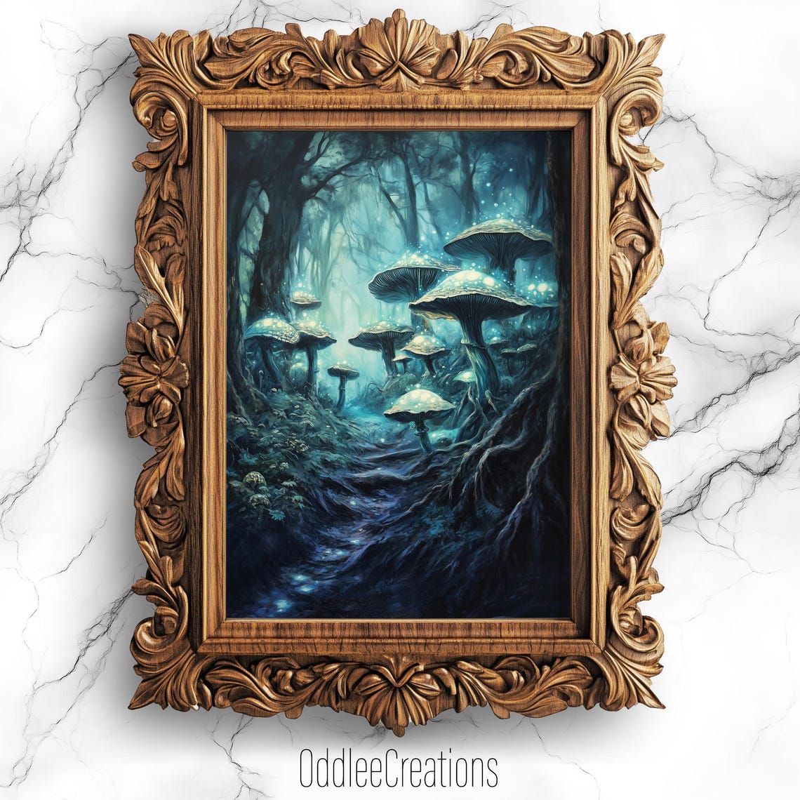 Glowing Mushroom Forest Night Dark Fantasy Oil Painting Poster